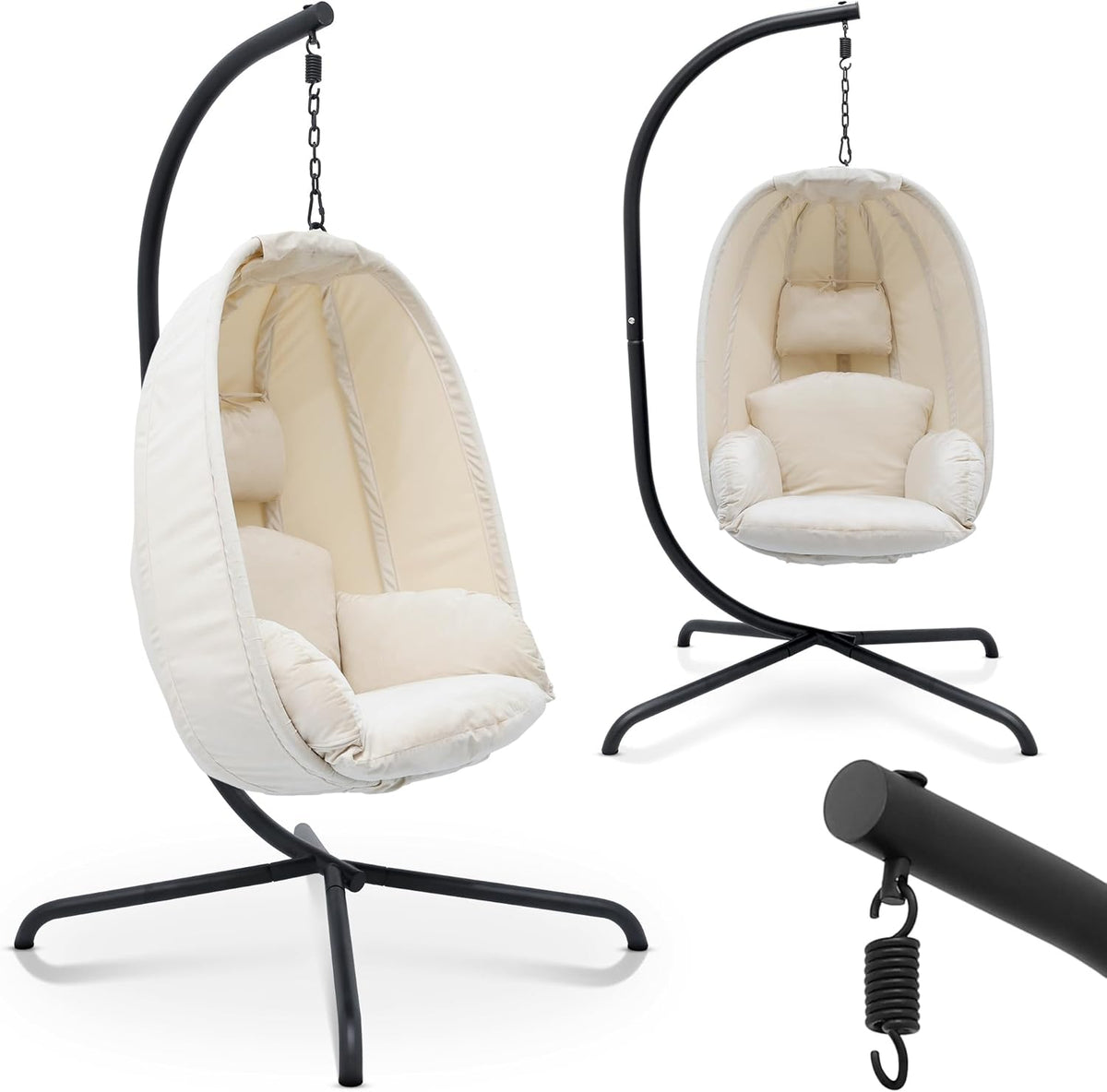 MIADOMODO® Hangstoel - met standaard en kussens, in hoogte verstelbaar, frame van ijzer, tot 160 kg belastbaar - ei hangschommel, hangmand, hangstoel, indoor/outdoor, tuin (beige)