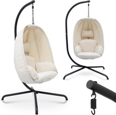 MIADOMODO® Hangstoel - met standaard en kussens, in hoogte verstelbaar, frame van ijzer, tot 160 kg belastbaar - ei hangschommel, hangmand, hangstoel, indoor/outdoor, tuin (beige)