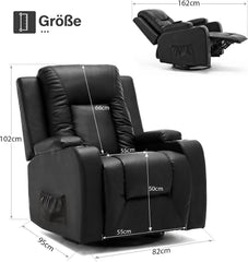COMHOMA Relaxstoel, massagestoel, televisiestoel met ligfunctie, trillingsverwarming, dikke rugleuning en armleuningen, met kantelfunctie, 360 graden draaibaar, zwart