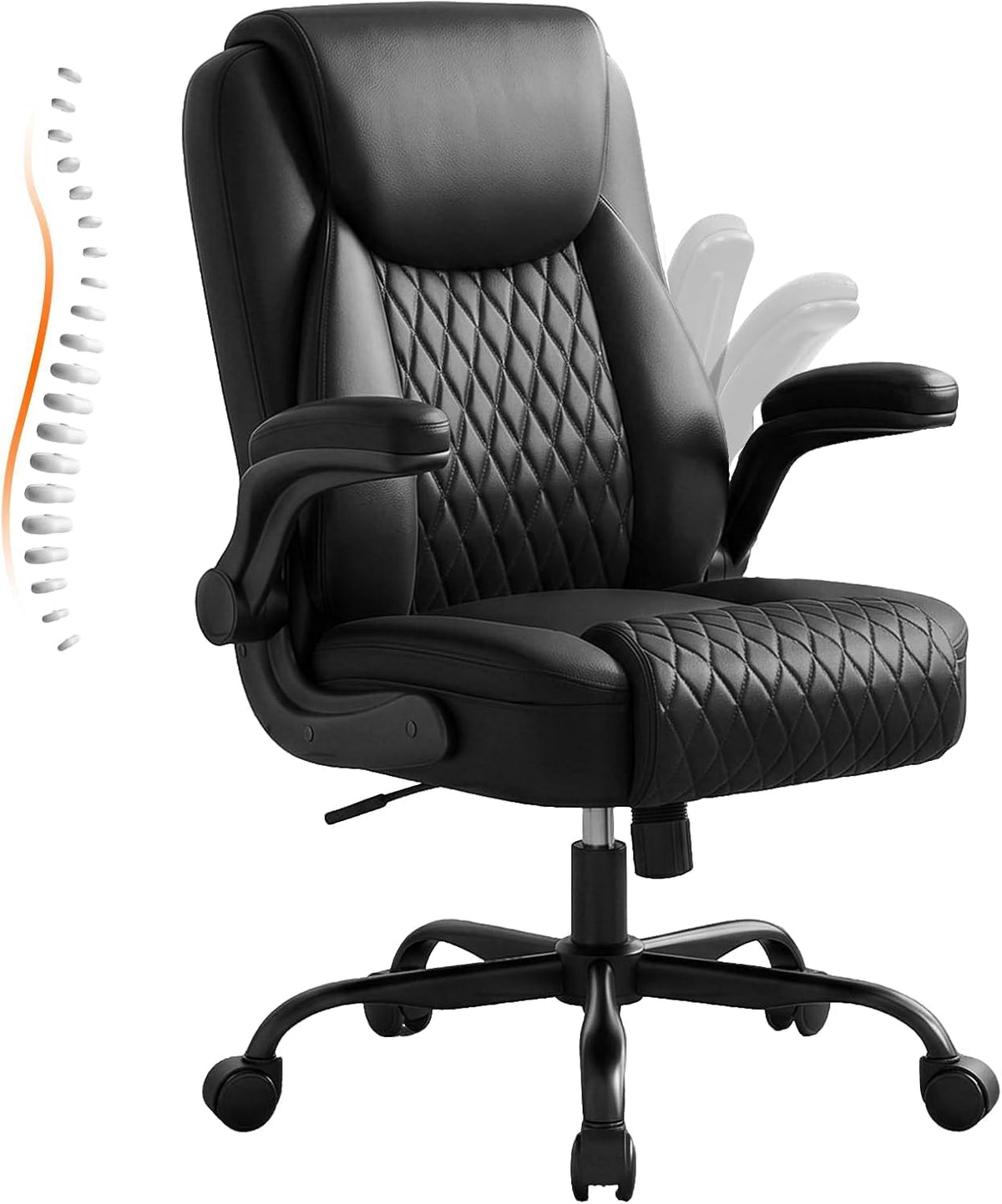 GTPLAYER Bureaustoel, ergonomisch, bureaustoel, managersstoel met hoge rugleuning, opklapbare armleuningen, in hoogte verstelbaar, PU-leer, extra brede zitting, voor kantoor en thuiskantoor, zwart