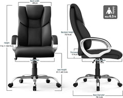 Farini directiestoel, ergonomische stoel met hoge rugleuning en gewatteerd zitkussen, PU-lederen stoel met verstelbare lendensteun en soepel rollende wielen, Zwart