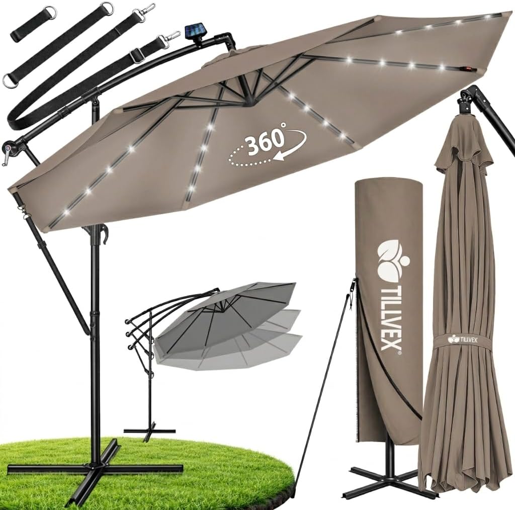 tillvex Aluminium zweefparasol + afdekking, led zonne-energie, Ø 300 cm, met zwengel, afdekking + standaard, parasol met windscherm, tuinparasol, uv-bescherming aluminium, zwengelparasol, marktparasol •