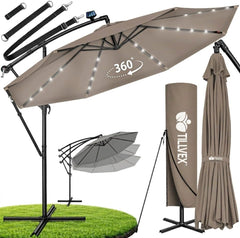 tillvex Aluminium zweefparasol + afdekking, led zonne-energie, Ø 300 cm, met zwengel, afdekking + standaard, parasol met windscherm, tuinparasol, uv-bescherming aluminium, zwengelparasol, marktparasol •