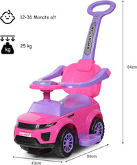 COSTWAY 3-in-1 schuifauto, schuifvoertuig met afneembare duwgreep, beschermbeugel en verborgen opbergruimte, speelgoedauto met claxon, muzieklicht, glijauto voor kinderen vanaf 1 jaar (roze)
