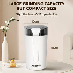 Aigostar Blanche Elektrische koffiemolen, maalgraad instelbaar, BPA-vrij, koffiemolen, mixer, molen voor koffiebonen, lijnzaad, noten, specerijen, granen, 60 g, 200 W, wit