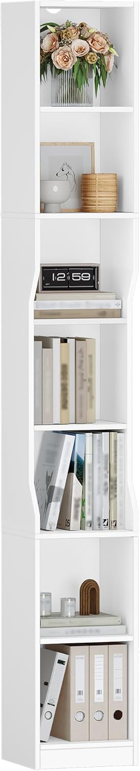HEXCELEN Boekenkast, 7 niveaus, verticale boekenkast, smalle plank, staand rek, kubusrek, opbergrek, voor kantoor, woonkamer, slaapkamer, 28 × 30 × 208,1 cm, moderne stijl, wit