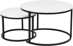 AMVEYA Salontafel, rond, wit, set van 2, woonkamertafel, rond, wit, salontafel met wit marmereffect, bijzettafels voor de woonkamer met zwart frame