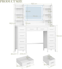 HEXCELEN kaptafel van 119,5 cm, kaptafel met spiegel, kaptafel met 10 lades en 8 open schappen, opbergruimte voor de spiegel, wit