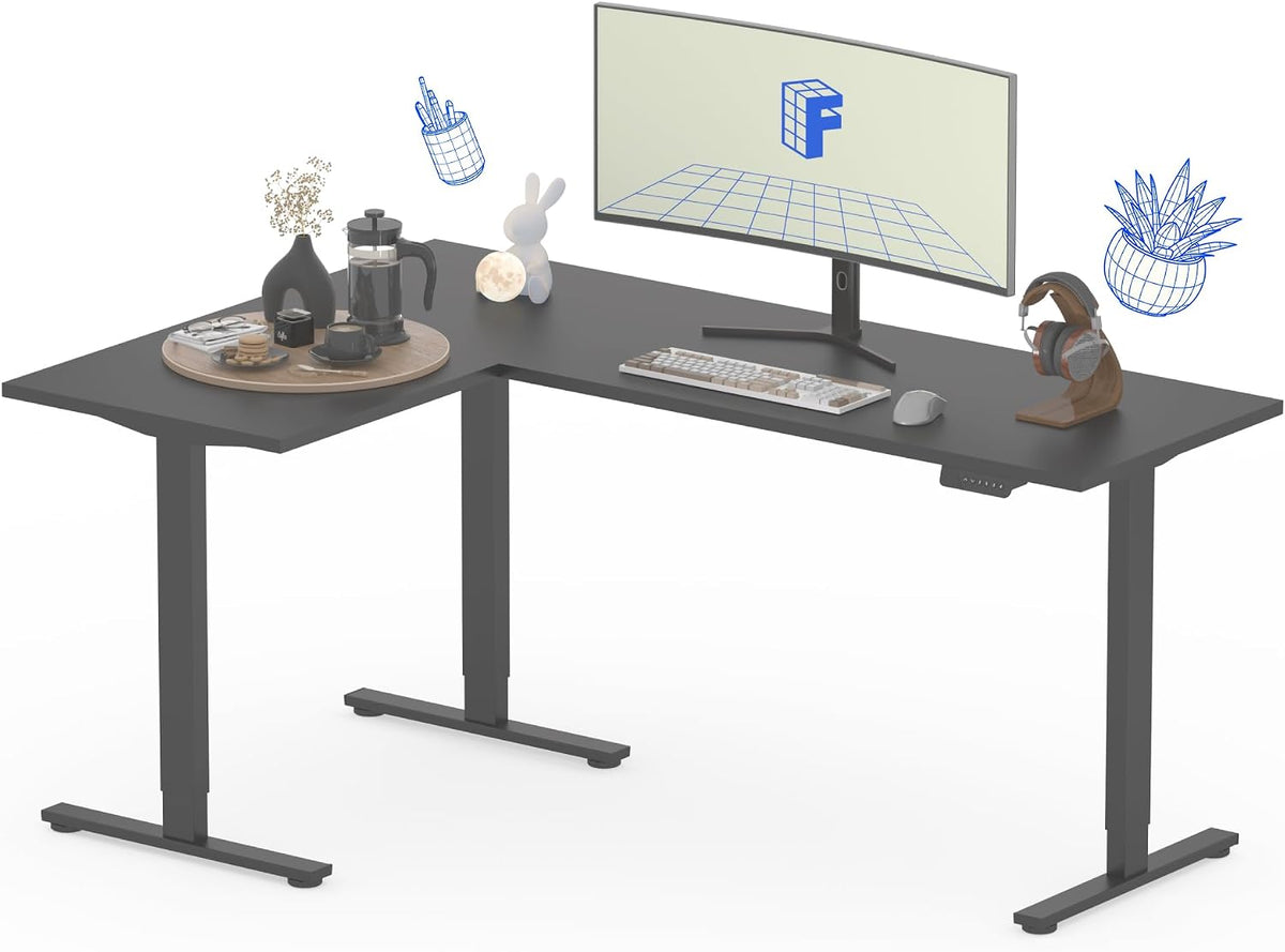 FLEXISPOT 180 x 120 cm, in hoogte verstelbaar bureau, elektrisch, met 4 geheugentoetsen, L-vormig hoekbureau met 3 poten, verstelbaar bureau (zwart)