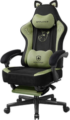GTPLAYER Leuke gamingstoel met fluwelen stof, ergonomische bureaustoel, gamingstoel met kattenoren, traagschuim en voetensteun, 150 kg, groen •