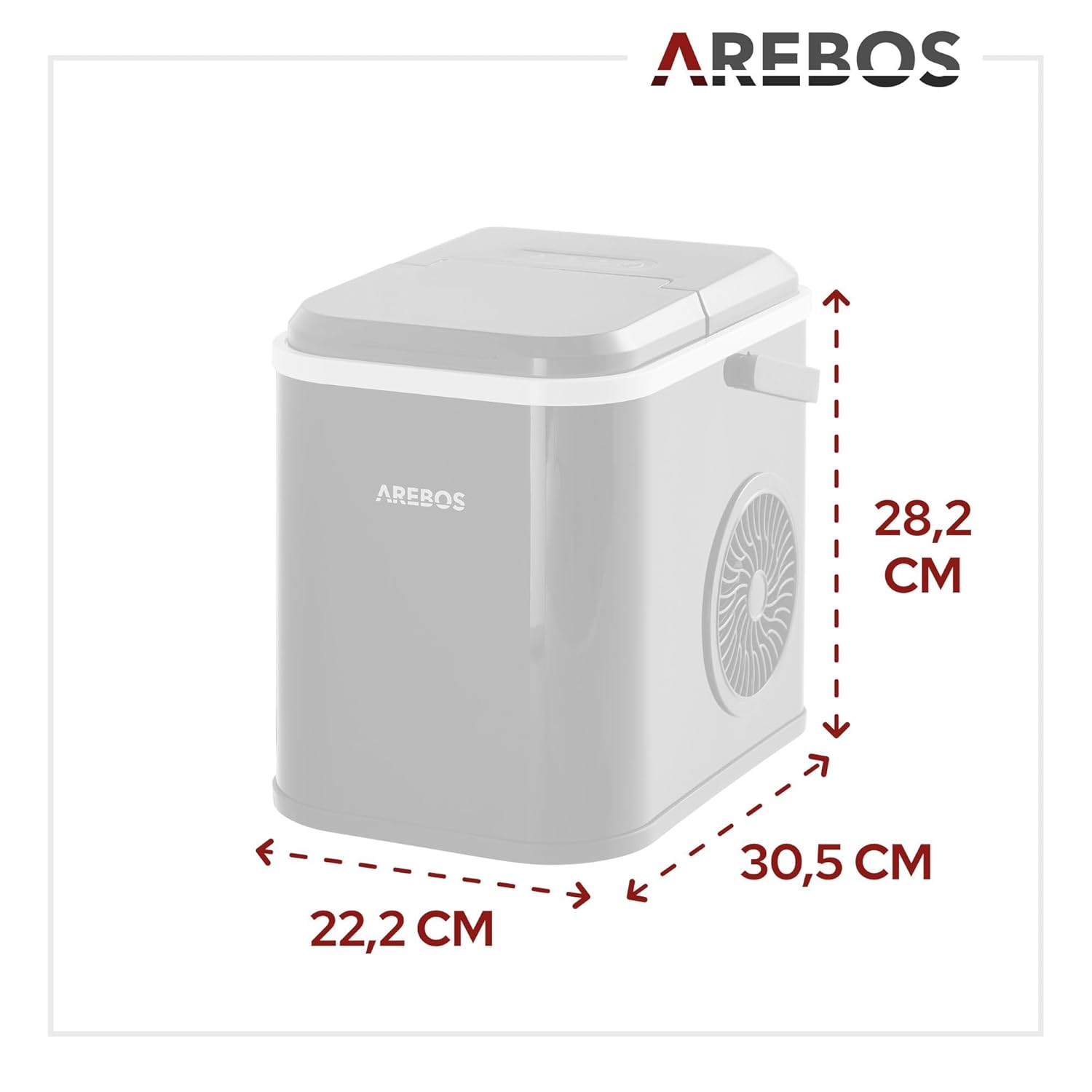 Arebos IJsblokjesmachine, 12 kg/24 uur, ijsblokjesmaker R600a, 8 ijsblokjes in 10 minuten, tank van 1,1 l, zelfreinigend en stil, incl. schep en houder, ijsblokjesmaker met kijkvenster, zwart