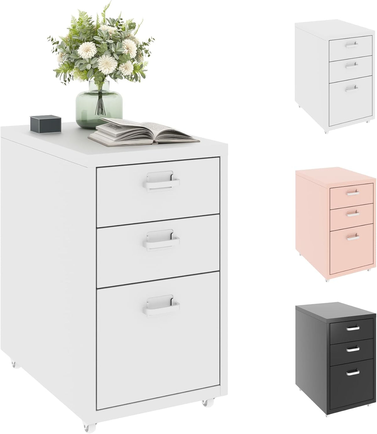FLEXISPOT Rollcontainer, kantoorkast met 3 laden, archiefkast, metalen kast, commode met wielen, bureau, onderkast voor thuis en kantoor, wit