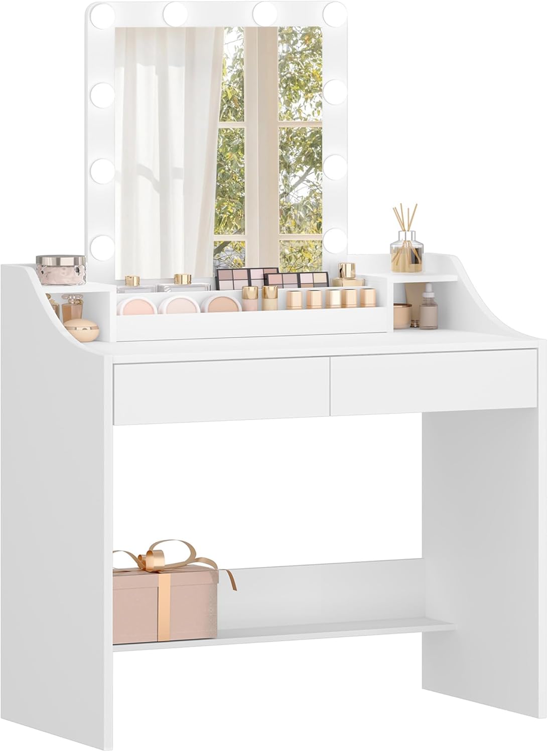 Hzuaneri Make-uptafel met ledverlichting, met spiegel, instelbare helderheid, kaptafel met 2 laden en 3 open vakken, modern, wit DT39503X