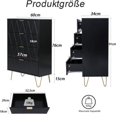 UEV Commode met laden, 60x34x91cm kast met 4 laden (zwart), opbergkast voor kleding, documenten, speelgoed