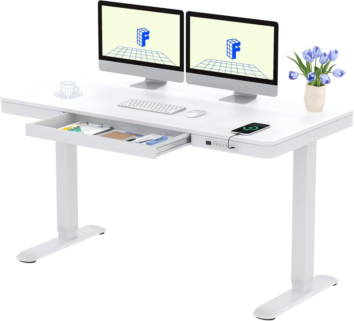 FlexiSpot Elektrisch in hoogte verstelbaar bureau met LED-hoogte-indicator, geheugenfunctie en USB-aansluiting, elektrisch bureau met lade voor thuiswerkplek 140 x 70 cm (wit)