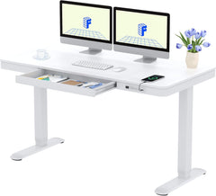 FlexiSpot Elektrisch in hoogte verstelbaar bureau met LED-hoogte-indicator, geheugenfunctie en USB-aansluiting, elektrisch bureau met lade voor thuiswerkplek 140 x 70 cm (wit)