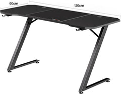 GTPLAYER Gamingtafel, gamingbureau, 120 x 60 cm, pc-tafel, gamertafel met koolstofvezeloppervlak, stabiele computertafel met hoofdtelefoonhaak, zwart