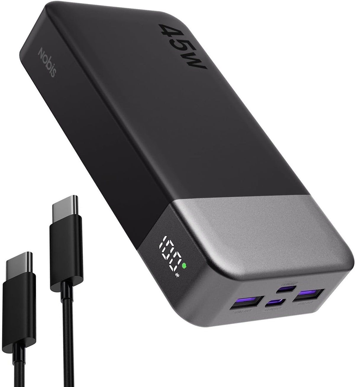 NOBIS Powerbank, powerbank 20.000 mAh, 45 W externe mobiele telefoonbatterijen, snel opladen, externe accu met C naar C-kabel, draagbare oplader met digitaal display voor iPhone, Android laptop, enz.