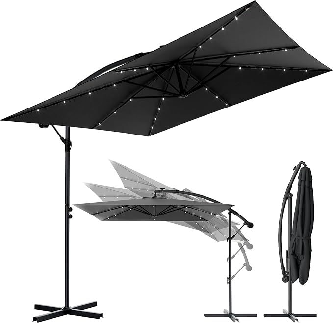 Zweefparasol - Tuinparasol - Parasol 350 cm - Met voet - Met Parasolhoes - Grijs/Zwart - Verdego
