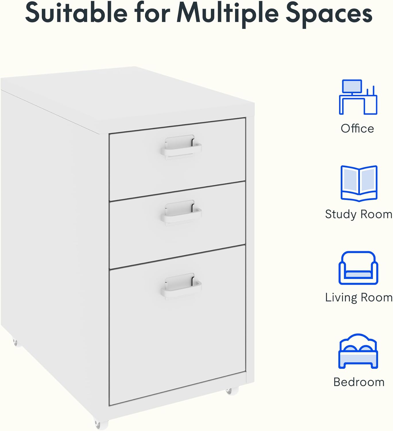 FLEXISPOT Rollcontainer, kantoorkast met 3 laden, archiefkast, metalen kast, commode met wielen, bureau, onderkast voor thuis en kantoor, wit