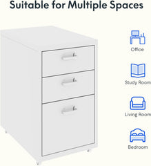 FLEXISPOT Rollcontainer, kantoorkast met 3 laden, archiefkast, metalen kast, commode met wielen, bureau, onderkast voor thuis en kantoor, wit