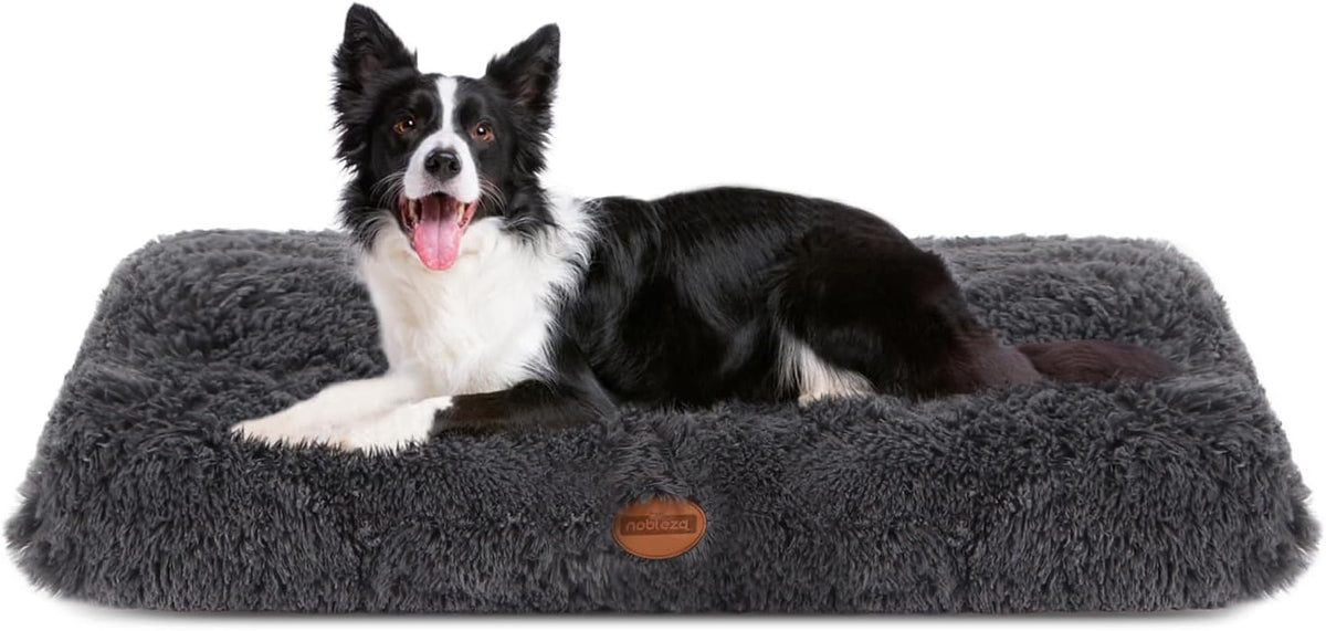 Nobleza Hondenbed voor grote honden, hondenkussen, wasbaar, lang pluche hondenbed, zacht en wollig, hondenmat met antislip onderkant, huisdierbed, hondenmatras, donkergrijs, 95 x 60 cm