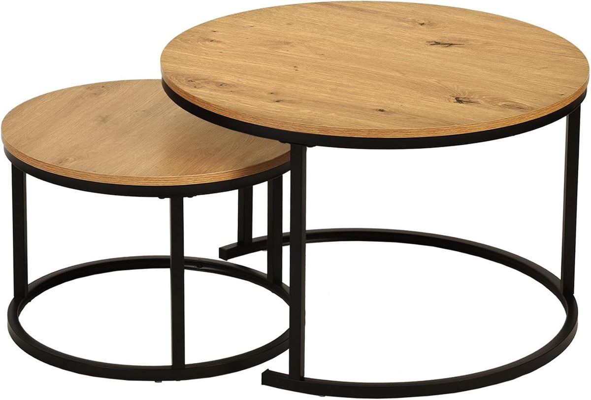 AMVEYA Salontafel rond hout, set van 2, bijzettafels voor de woonkamer, koffietafel, woonkamer-effect, moderne woonkamertafel, met zwart frame