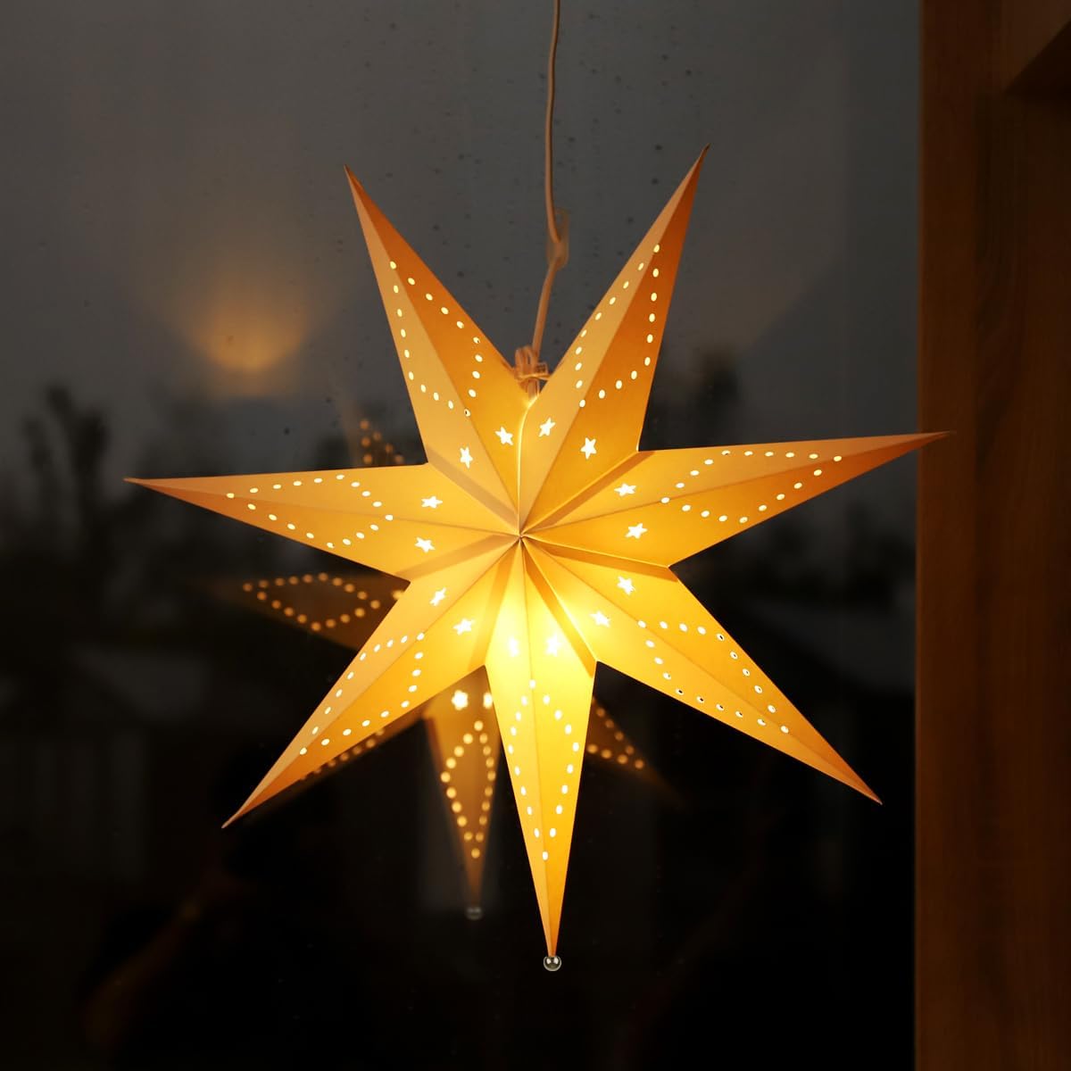 SALCAR Papieren led-ster, verlicht om op te hangen, met warmwitte E14-lamp, 3D-kerstster, raamdecoratie, Kerstmis, witte papieren ster