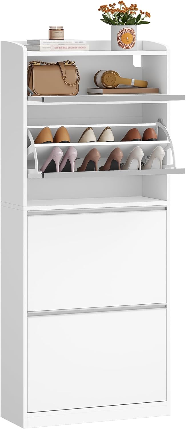 HEXCELEN Schoenenkast smal met 3 klapdeuren, schoenenkast, smal, hoog, met 1 drop-down-opslag, tot 18 paar schoenen, verstelbare legplanken, voor gangen, ingang, 60 x 24 x 145 cm, wit