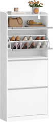 HEXCELEN Schoenenkast smal met 3 klapdeuren, schoenenkast, smal, hoog, met 1 drop-down-opslag, tot 18 paar schoenen, verstelbare legplanken, voor gangen, ingang, 60 x 24 x 145 cm, wit