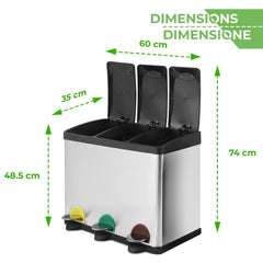 Jago® Vuilnisemmer, 45 liter, 3 vakken, roestvrij staal, met binnenemmer, handgreep, deksel, voor keukenafvalemmer, afvalscheider, afvalscheider, afvalverzamelaar, pedaalemmer