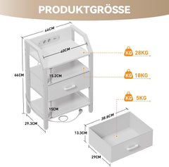 HLONONE Nachtkastje met stopcontact en led, bijzettafel met lade, 3 USB-poorten, 3-traps planken, voor slaapkamer, woonkamer, 46 x 29,3 x 66 cm, wit