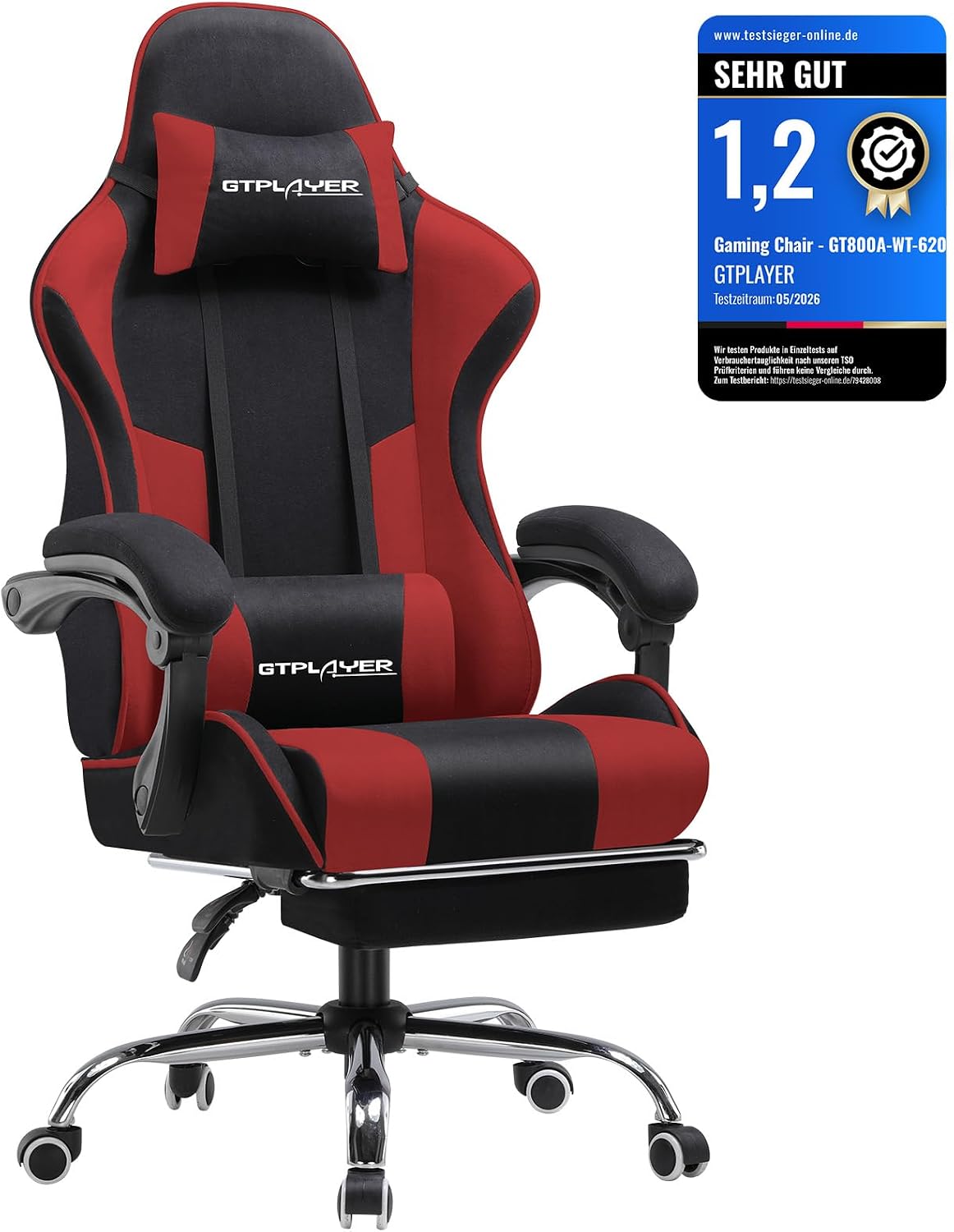 GTPLAYER Gaming stoel, stof, bureaustoel, massage gamingstoel, ergonomische gamerstoel met voetensteun, gevoerde gamingstoel, draaistoel, 150 kg, rood - GT800A