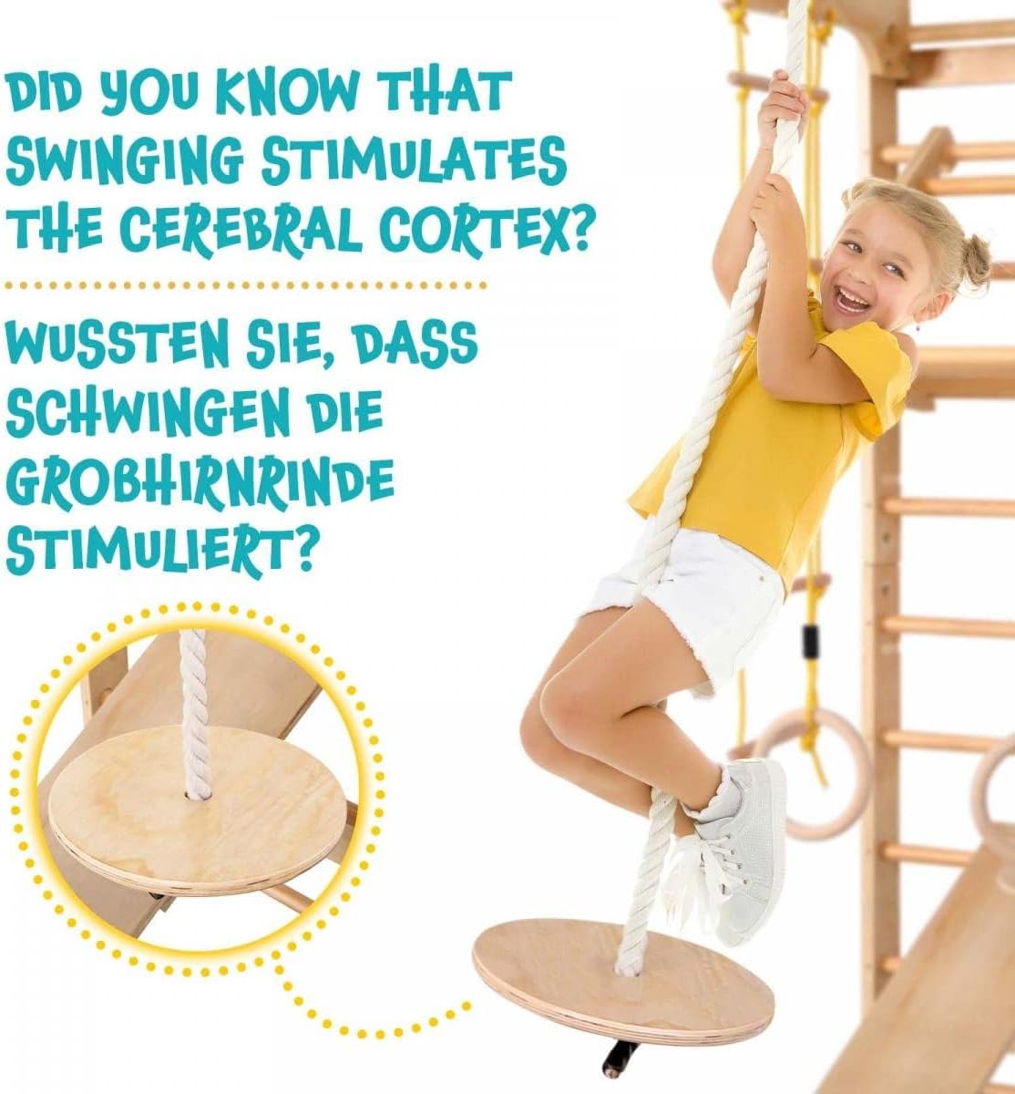Physionics® Wandset voor kinderen/volwassenen, incl. optrekstang/ringen/trapezium/trapezium/trapezium/touwladder, van hout, tot 100 kg, indoor - klimwand, klimrek, turnwand, Zweedse ladder