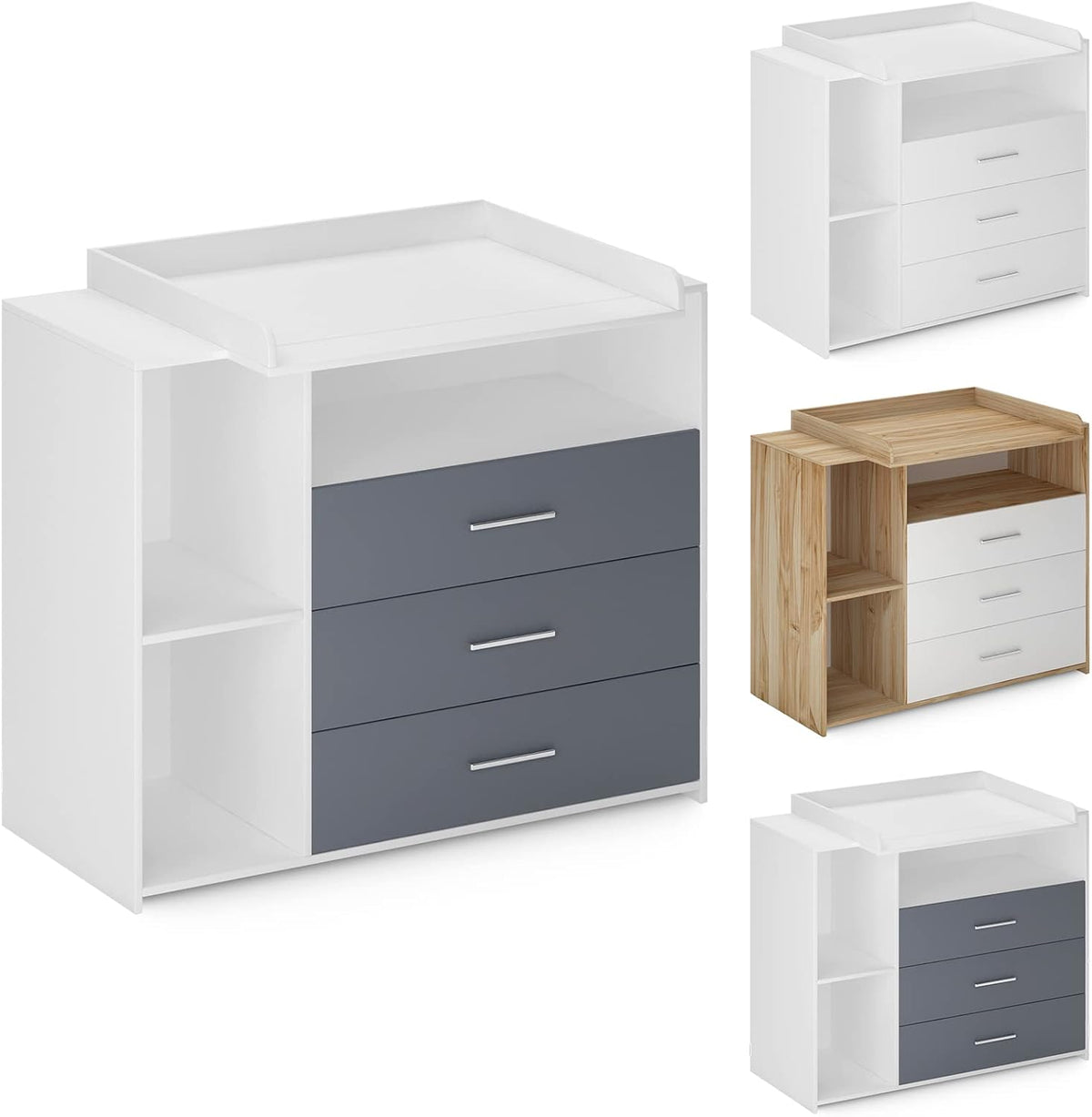 Infantastic® Aankleedcommode -met aankleedkussen, 3 laden, 3 vakken, 113x53x101,6 cm, in MDF, wit/grijs •