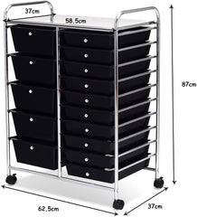 Costway rolwagen, metalen frame, rolcontainer, rolwagen met remmen voor in de badkamer, opbergwagen van plastic, bijzetwagen inclusief 15 stapelbare laden, huishoudelijke kar 62,5 x 37 x 87 cm