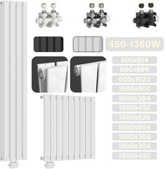 Aquamarin® Radiator - horizontaal, plat, 600x641x52 mm, enkele laag, 1/2 inch, 9 segmenten, staal, wit - badkamerradiator handdoekhouder, design platte radiator, verwarming, badkamer, badkamer