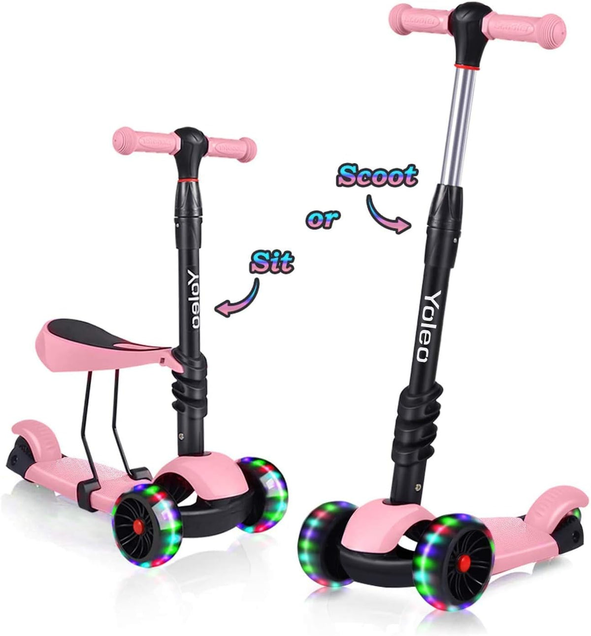 YOLEO 3-in-1 step met zitje voor kinderen, driewielige step met antislip plateau, LED-wielen, in hoogte verstelbare step, ideaal voor kinderen van 2 tot 8 jaar.