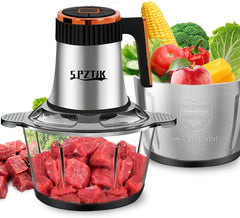 SPZTJK Foodprocessor, elektrische hakmolen met 5 snelheden, groentehakker en vleesmolen - 2 kommen (roestvrij staal van 240 ml + glazen kom van 240 ml), 300 W, 2 sets van 4 messen met twee niveaus voor groenten/fruit/vlees