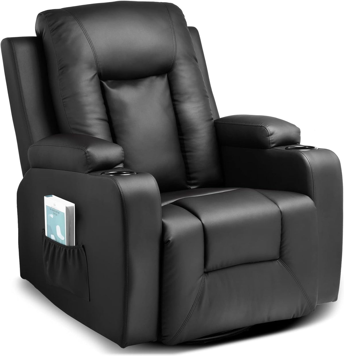 COMHOMA Relaxstoel, massagestoel, televisiestoel met ligfunctie, trillingsverwarming, dikke rugleuning en armleuningen, met kantelfunctie, 360 graden draaibaar, zwart