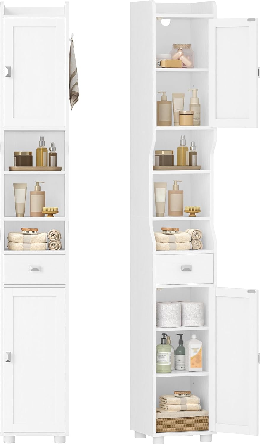 HEXCELEN Badkamerkast, Hoge Badkamerkast, Vrijstaande Vloerkast met 2 Deuren en 1 Lade, Toiletorganizer met Verstelbare Plank, 1 Haak voor Woonkamer, Keuken, Wit 480013X