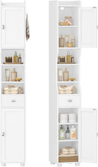 HEXCELEN Badkamerkast, Hoge Badkamerkast, Vrijstaande Vloerkast met 2 Deuren en 1 Lade, Toiletorganizer met Verstelbare Plank, 1 Haak voor Woonkamer, Keuken, Wit 480013X