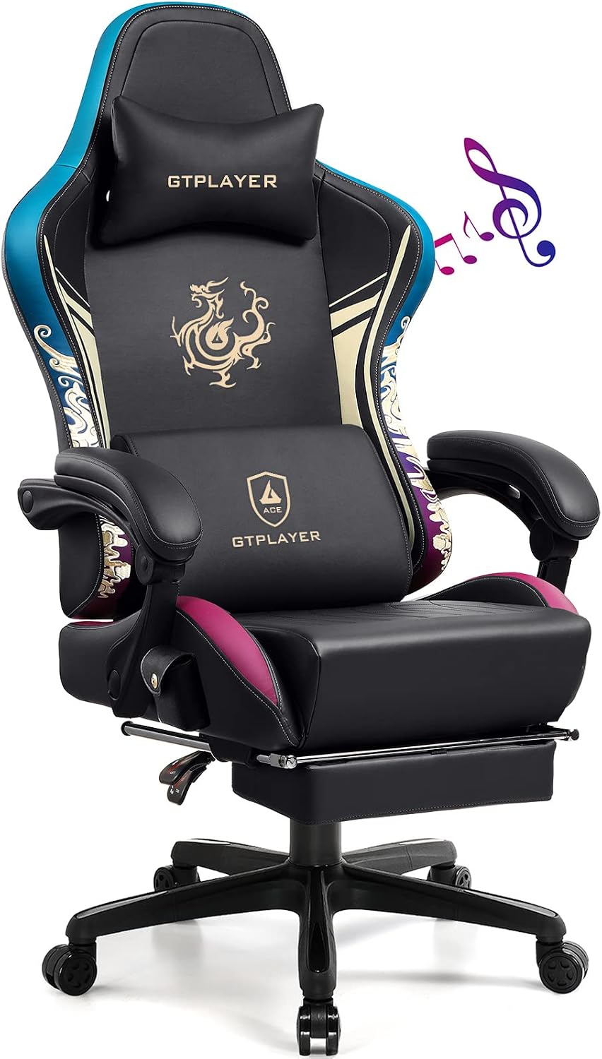 GTPLAYER Gamingstoel met Bluetooth-luidsprekers en voetensteun, ergonomische computerstoel, robuuste bureaustoel met hoge rugleuning en lendensteun (Zwart)