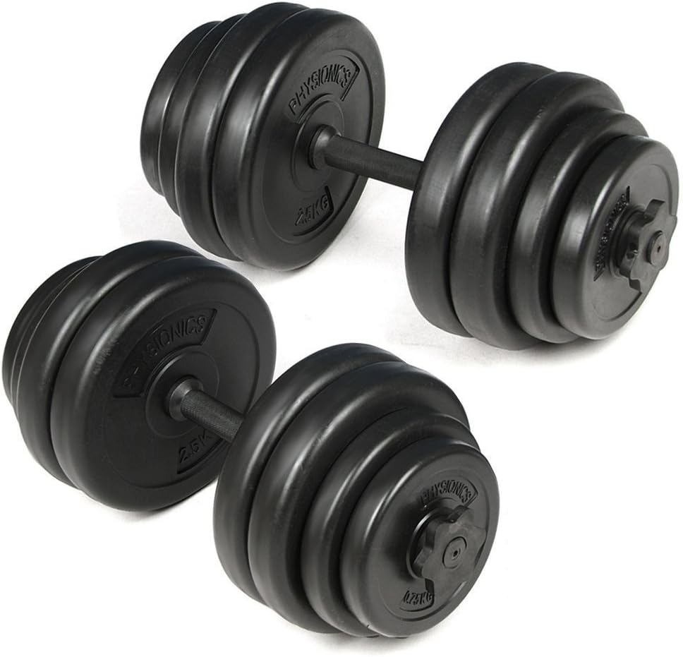 Physionics® Korte halterset, 20 kg, gekartelde handgreep, Ø 25 mm, van kunststof en staal, stersluitingen, halterstangen, korte halters, halterset, korte halterset, gewichten