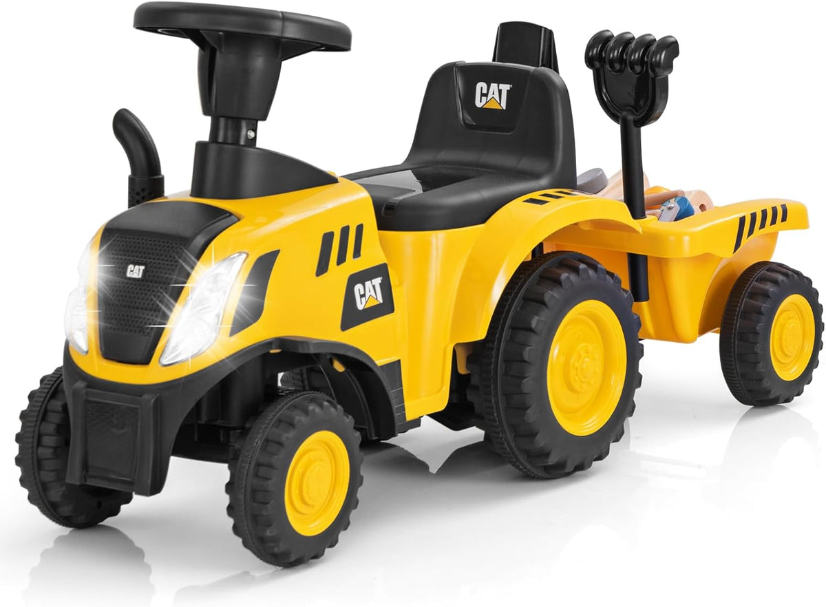 COSTWAY Caterpillar Tractordrager voor kinderen, met afneembare aanhanger, schep en hark, kinderauto met 6 banden, met ledlicht en muziek en claxon, belasting 25 kg, voor kinderen van 1,5 tot 3 jaar