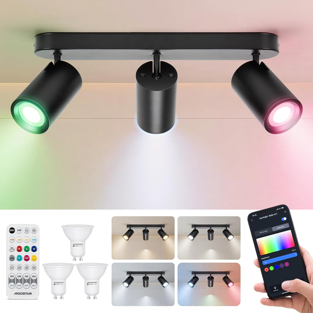 Aigostar Plafondspot GU10 Smart, 3 lichtpunten, led-plafondlamp, dimbaar, wandspot, compatibel met Alexa, plafondspots met afstandsbediening, voor keuken, slaapkamer, woonkamer (met intelligente