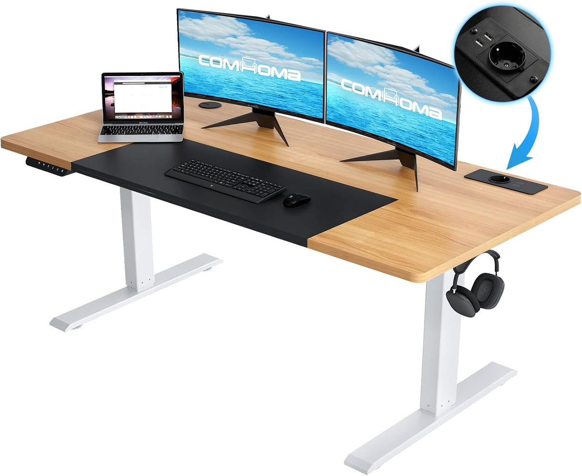 COMHOMA In hoogte verstelbaar bureau, 140 x 60 cm, met USB-aansluiting en haken, elektrisch verstelbare computertafel, sta-zittafel, sta-bureau, bruin