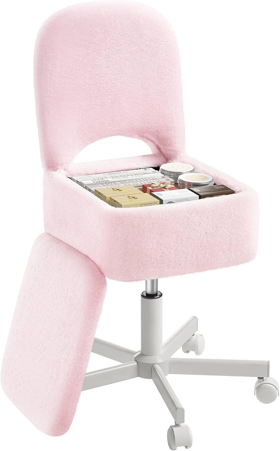 Rolanstar Make-uptafelstoel met opbergruimte, make-upstoel, in hoogte verstelbaar, 360° draaibaar, bureaustoel met comfortabele inklapbare rugleuning, voor make-uptafel, slaapkamer, kantoor (roze, S)