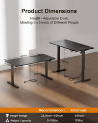 HLDIRECT Elektrisch staand bureau met stopcontacten, 100x60cm, zwart, 60kg