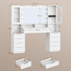 Hzuaneri DT43703XEU Grote make-uptafel met ledverlichting en stekkerdoos, 150 cm, make-uptafel met spiegel, driekleurige lichtinstelling, 10 laden, sieradenopslag, wit-zilver